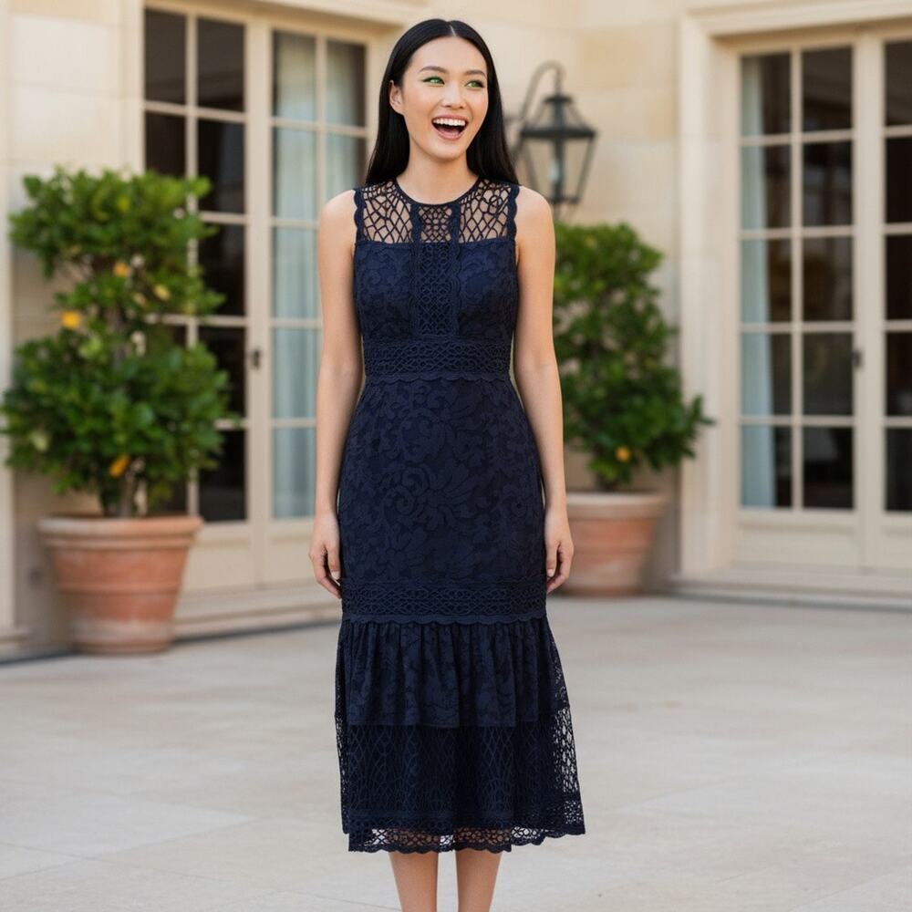 Antonio Melani Dress Women’s Sz 2 Navy Lace Midi Sleeveless Fit & Flare Cocktail